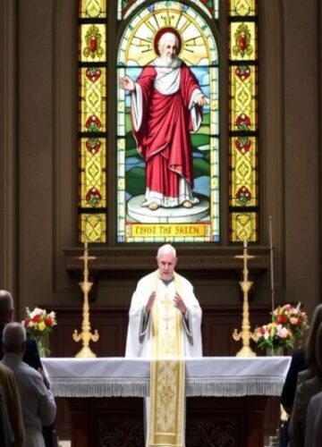 Białe suknie na ołtarzu herezji - beatyfikacja Fultona Sheena Obraz przedstawiający uroczystą beatyfikację abp. Fultona Sheena w tradycyjnym katolickim kościele, z ołtarzem przyozdobionym białymi ornatami i modlącymi się wiernymi.