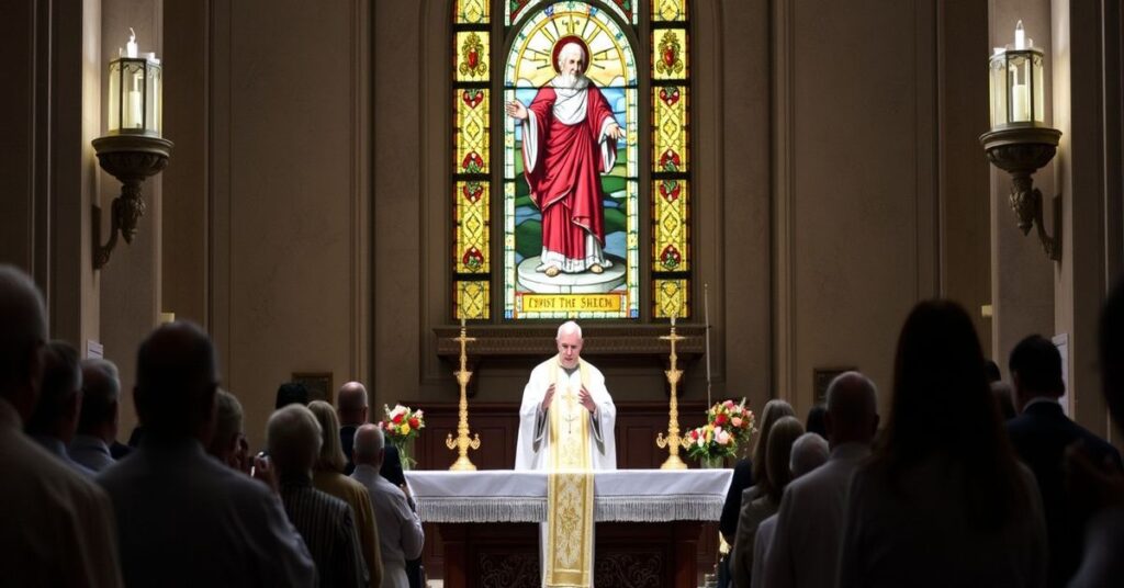 Obraz przedstawiający uroczystą beatyfikację abp. Fultona Sheena w tradycyjnym katolickim kościele, z ołtarzem przyozdobionym białymi ornatami i modlącymi się wiernymi.