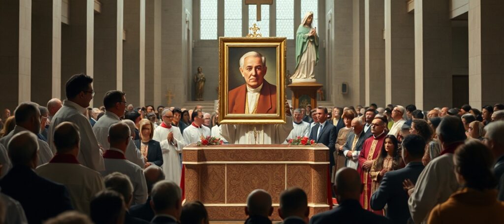 Zdjęcie przedstawia beatyfikację arcybiskupa Fultona Sheena przez uzurpatora Leona XIV w St. Louis, ukazując sprzeczność między tradycją a apostazją w Kościele posoborowym.