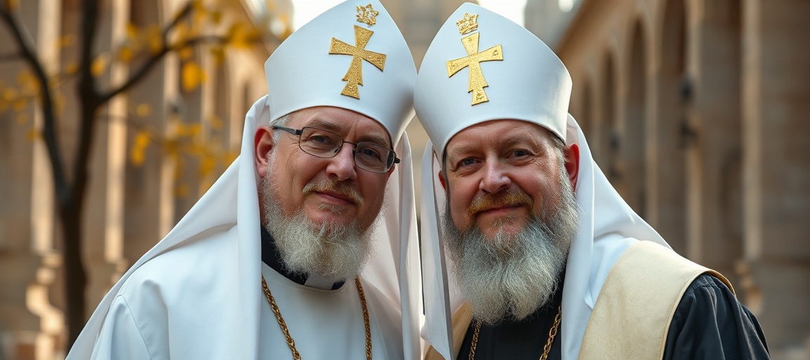 Portret dwóch katolickich kapłanów w stroju liturgicznym przed tłem więzienia komunistycznego