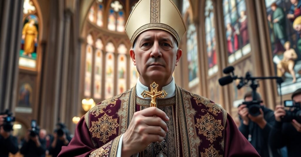Arcybiskup Fulton Sheen w uroczystych szatach pontyfikalnych podczas medialnie promowanej beatyfikacji w katedrze – krytyczna wizja spektaklu zamiast prawdziwej świętości