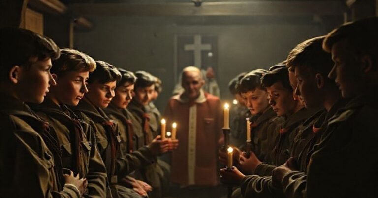 Solemne przedstawienie beatyfikacji 14 francuskich skautów przez Kościół posoborowy w obozie pracy hitlerowskim