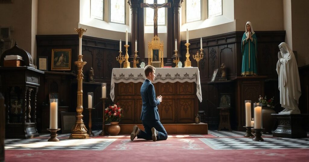 Portret Joe Wilsona modlącego się w tradycyjnym kościełu katolickim z wyglądem na fałszywe pobożnści