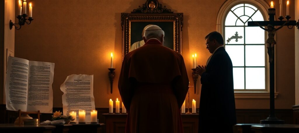 Zdjęcie przedstawiające kontrowersję wokół beatyfikacji kardynała Stefana Wyszyńskiego w tradycyjnym katolickim kontekście.
