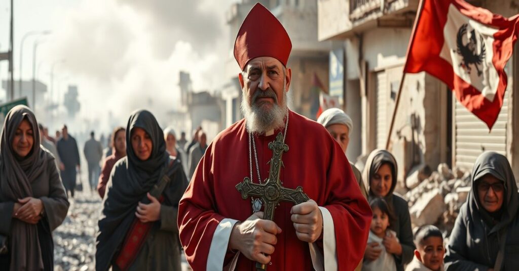 Bechara Rai wśród zniszczeń w Libanie, otoczony cierpiącymi uchodźcami maronickimi.