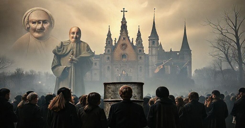 Poważna katolicka scena przedstawiająca szkodę inicjatywy "Beczka" w Krakowie, z młodzieżą w nowoczesnym ubiorze przed pustym beczkowym symbolem braku prawdziwej doktryny.