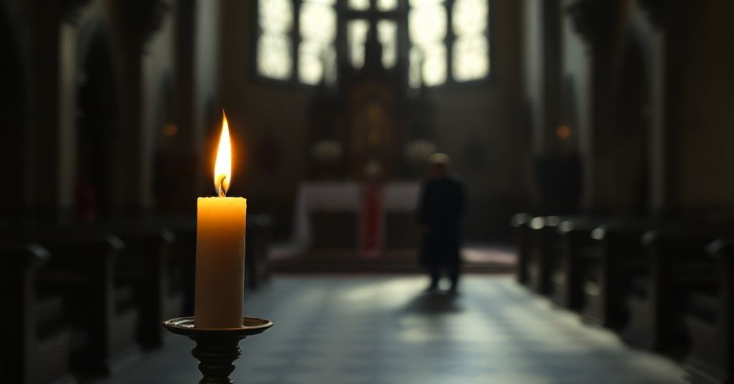 Beczka: Symbol posoborowej deformacji wiary Wewnątrz tradycyjnego kościoła katolickiego z zapalonego świecy w tle i pustego tabernakulum.