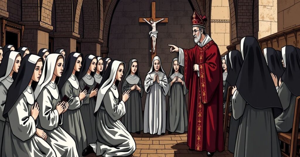 Medieval begines w tradycyjnym stroju katolickim, ukazane w kontekście konfliktu z Kościołem w średniowieczu.