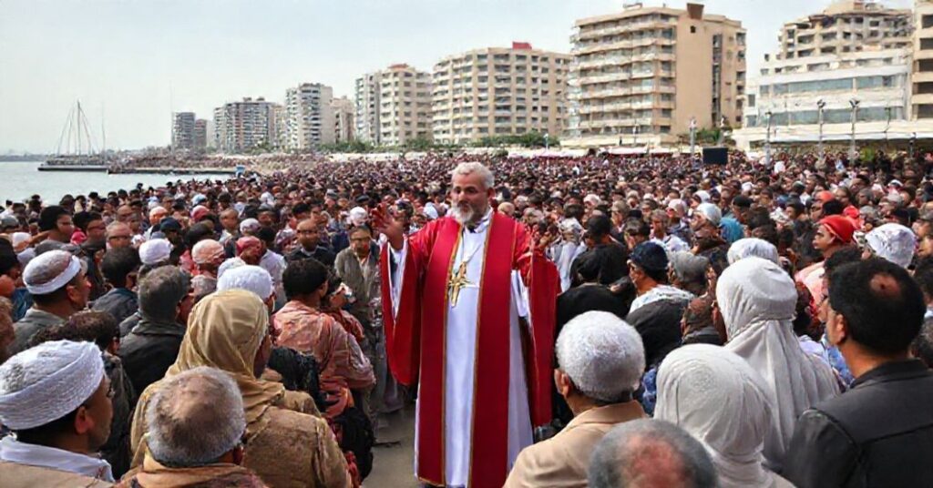 Tradycyjny kościół katolicki w Bejrucie, Liban z tłumem różnorodnych ludzi zebranych na 'liturgię'. Na pierwszym planie stoi ksiądz Carlo Giorgi.
