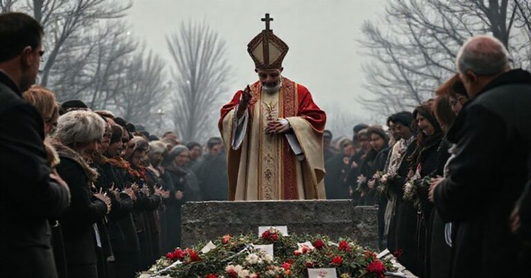 Sobór w Bejrucie: fałszywy 'Papież' 'Leo XIV' udaje błogosławieństwo nad pomnikiem ofiar wybuchu w porcie.