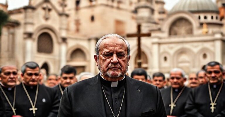 Prezydent Libanu Michel Aoun w towarzystwie duchowieństwa katolickiego na tle Bejrutu symbolizującego konflikt religijny i polityczny.