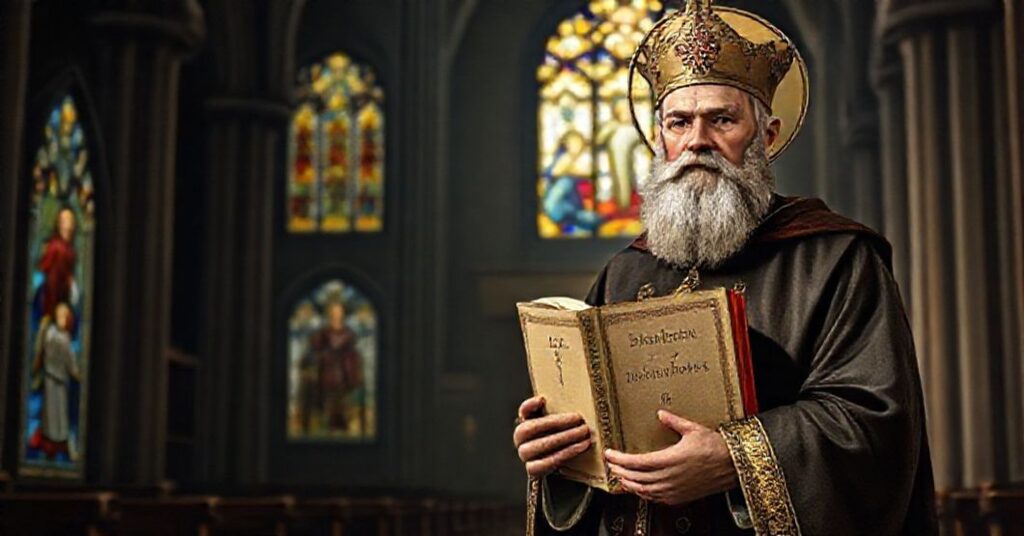 Rzeżbisty portret św. Roberta Bellarmina trzymającego książę z napisem 'De Romano Pontifice' w gotyckiej katedrze z witrażem przedstawiającym Chrystusa Króla na tle Donalda Trumpa i Wołodymyra Zełenskiego