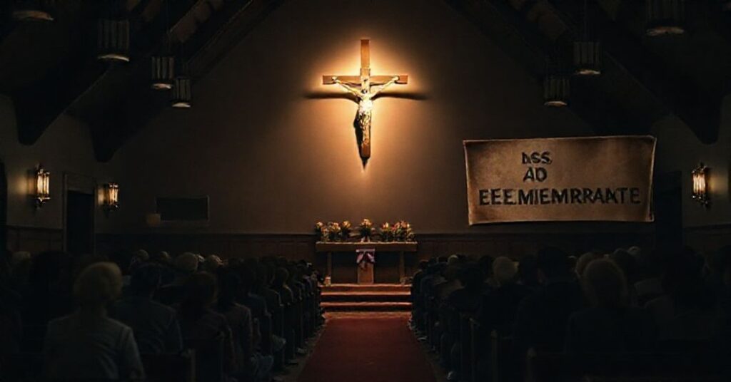 Tradycyjny katolicki kościół na kampusie Benedictine University w Lisle (Illinois), z grupą studentów i wykładowców modlących się przed krzyżem. W tle widoczny jest gasnący plakat "Dzień Pamięci Transpłciowych", co tworzy napięcie między wiarą a nowoczesnymi ideologiami.