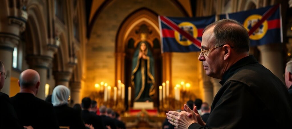 Benedyktynski mnich modli się przed Czarą Madonną z Montserrat w klasztorze benedyktyńskim Montserrat