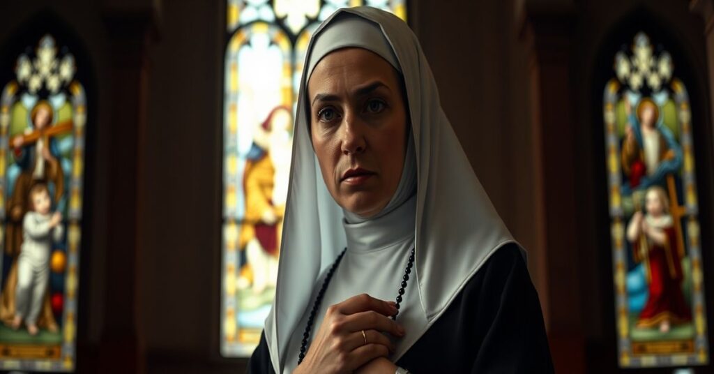 Portret zakonnicy benedyktynki w tradycyjnym habitie, stojącej w ciemnym kościele z witrażami przedstawiającymi Mękę Chrystusa. Jej twarz wyraża cichą siłę i modlitewną determinację, symbolizując heroiczne ale duchowo nie pełne czyny miłosierdzia podczas II wojny światowej.