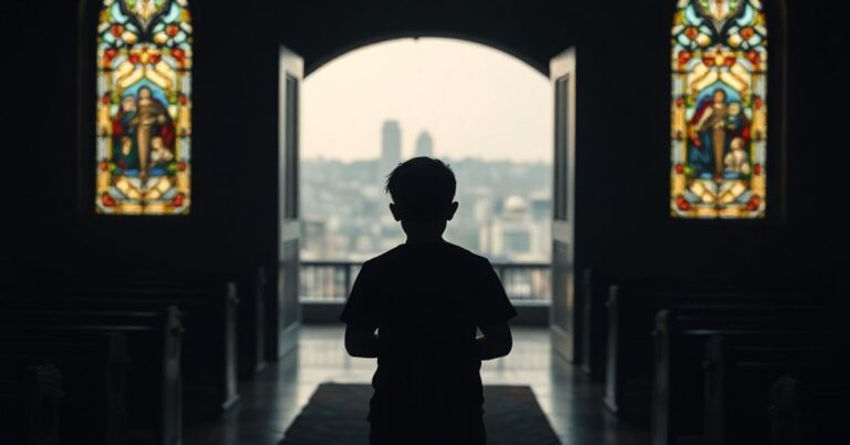 Młody katolik w kaplicy z różańcem na tle współczesnego miasta przez witraże