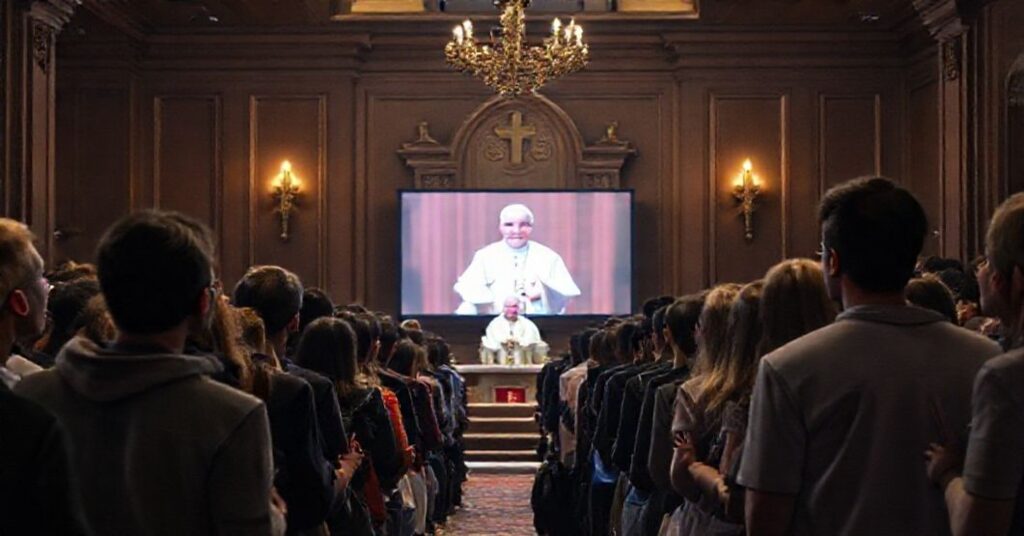 Uroczyste spotkanie Bergoglio z młodzieżą amerykańską podczas Krajowej Katolickiej Konferencji Młodzieży (NCYC), wirtualna kaplica w tle