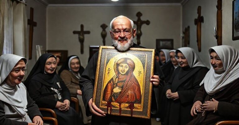 Jorge Bergoglio w Stambule przyjmuje schizmatycką iweryjną ikonę Matki Bożej w domu opieki prowadzonym przez Małe Siostry Ubogich