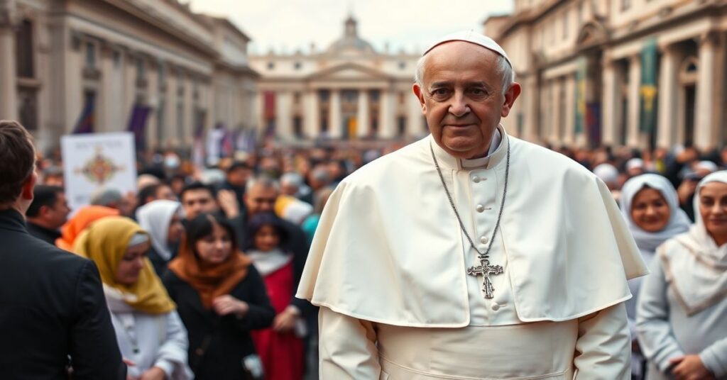 Portret Jorge Bergoglia (zwanego 'Franciszkiem') w Watykanie z tłumem ludzi różnych religii.