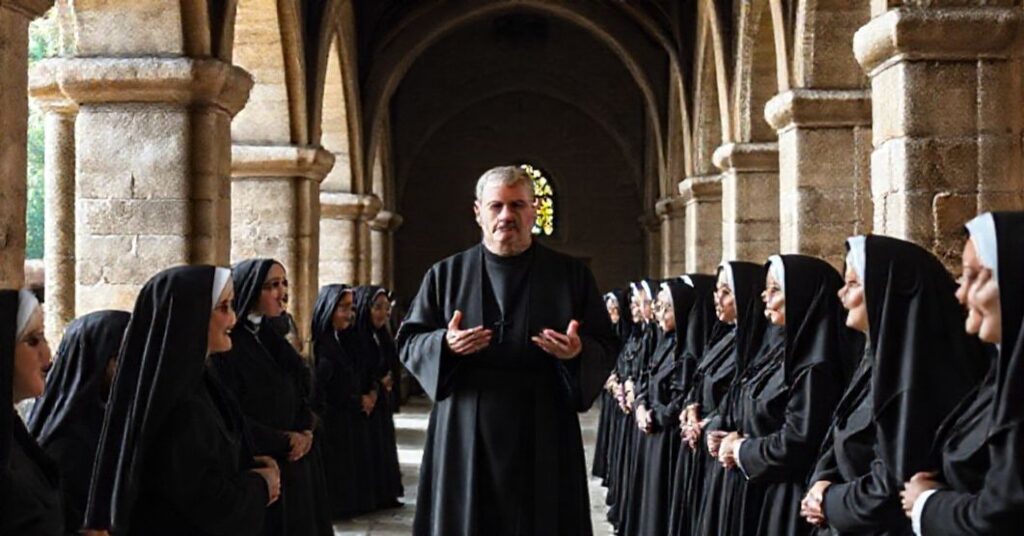 Scena w klasztorze augustianek z Bergogliem w habitach augustiańskich przemawiającym do zgromadzonych sióstr.