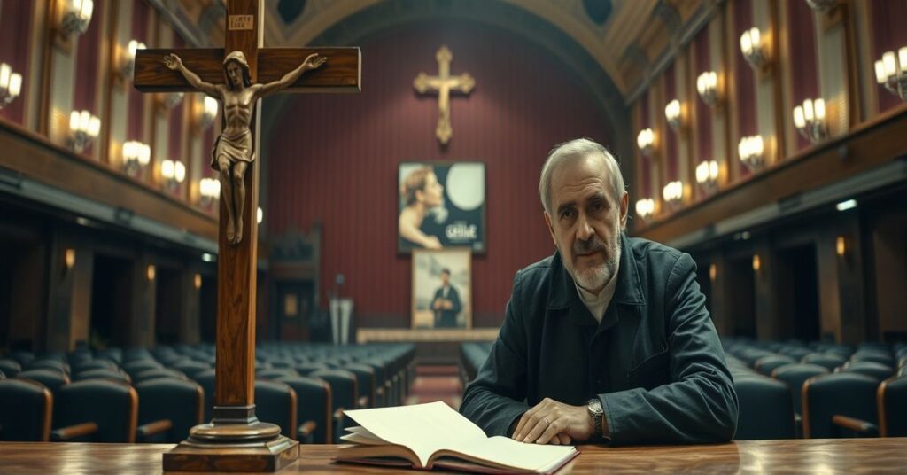 Tradycyjna katolicka scena z krzyżem w tle podczas festiwalu Berlinale 2026.