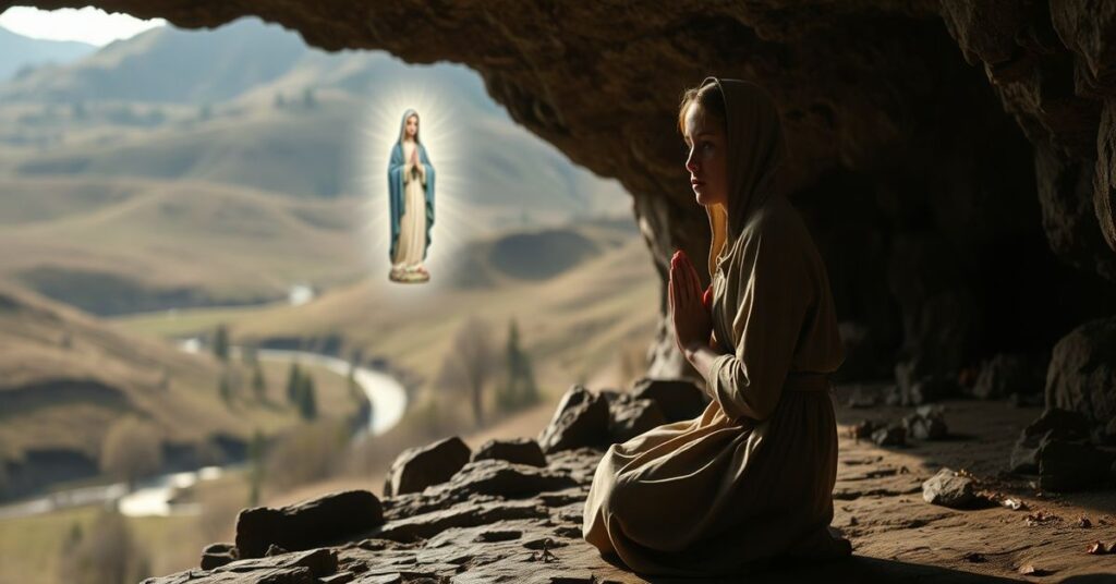 14-letnia Bernadetta Soubirous modli się w jaskini Massabielle w Lourdes