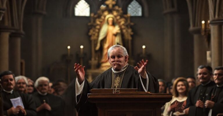 Bernard Fellay z SSPX w tradycyjnym kościele, krytykujący Watykan za dokument o Maryi