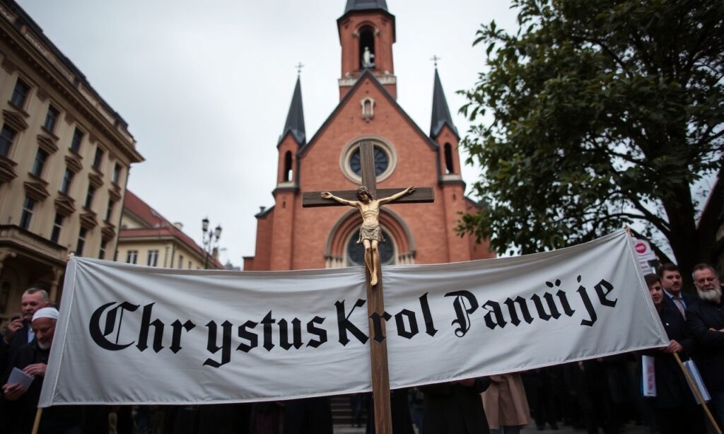 Zdjęcie przedstawiające kościół bernardynów w Krakowie z grupą wiernych katolików modlących się i rozmyślających nad kontrowersją dotyczącą inicjatywy Barbary Nowak. Scena jest pełna pokoju i głębokiej refleksji duchowej.