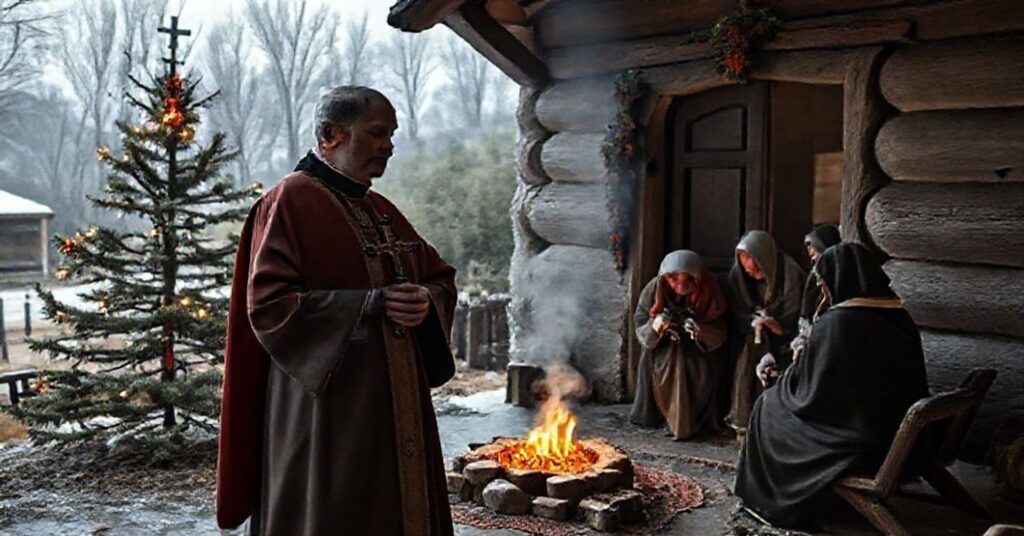 Ks. w tradycyjnym ornaty stoi w ubogim beskidzkim kościele, trzymając krzyż i obserwując grupę mieszkańców zaangażowanych w pogańskie rytuały wigilijne na zewnątrz.