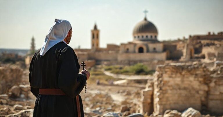 Pielgrzym katolicki stoi w ruinach Betlejem przy Kościele Narodzenia Pańskiego, symbolizując brak teologicznego wymiaru w dyskusji o mieście