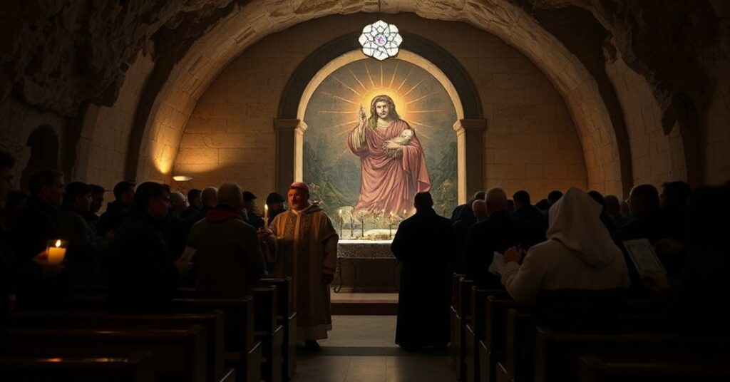 Mroczny widok groty narodzeniowej w Betlejem w 2025 roku z fałszywymi hierarchami w nowoczesnych szatach liturgicznych i pustymi ławkami.