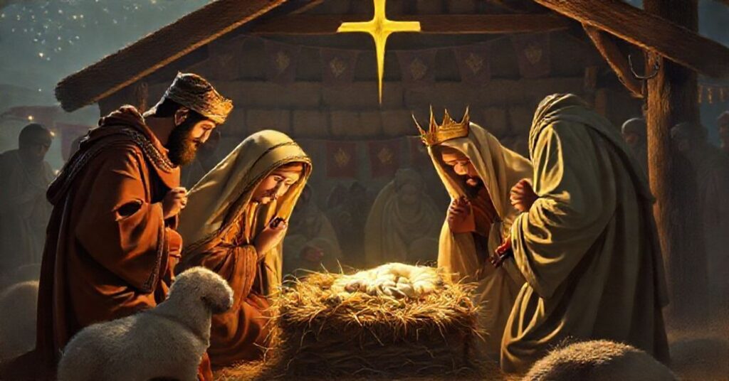 Tradycyjna katolicka scena narodzin Jezusa w Betlejem, podkreślająca królewskie godłość Chrystusa.