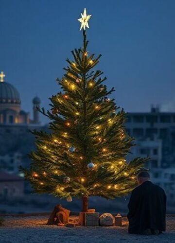 Betlejem: Modlitwa Katolicka w Cieniu Wojny Betlejem: Wierni modlą się przed choinką przed Bazyliką Narodzenia na tle wojny