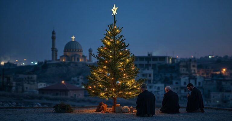 Betlejem: Wierni modlą się przed choinką przed Bazyliką Narodzenia na tle wojny