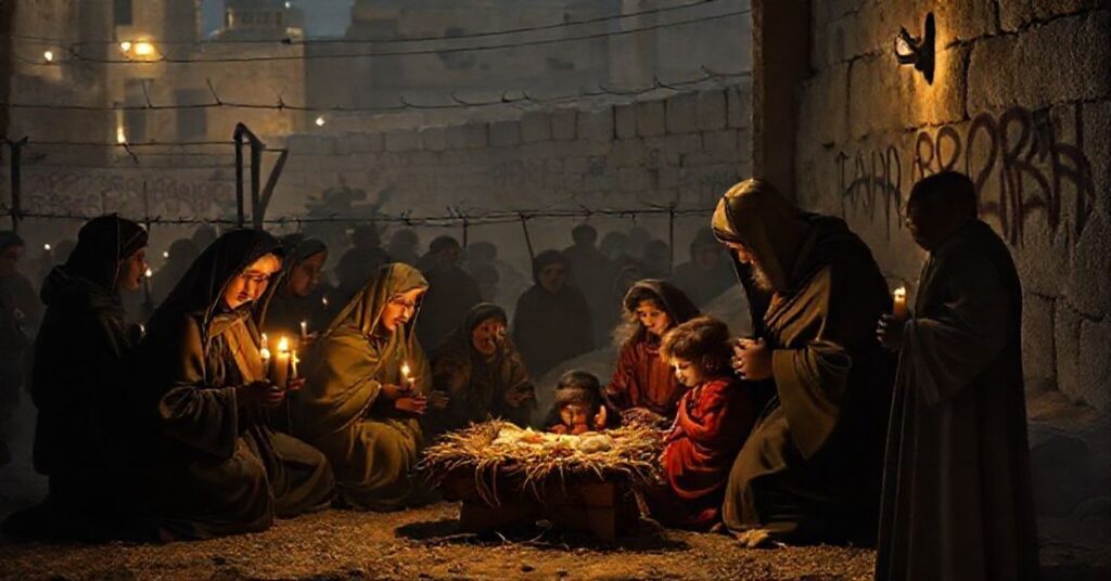 Tradycyjna scenka z Bożego Narodzenia w Betlejem w tradycyjnym katolickim stylu z wiernymi w modlitwie i rodziną dziecka Jezus.