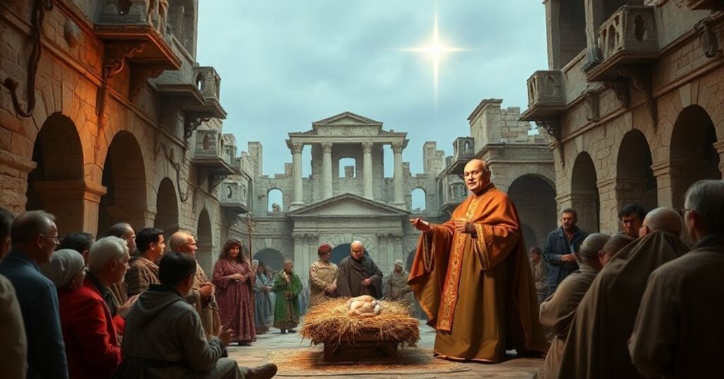 Tradycyjna scenografia Bożego Narodzenia w Betlejem z modernistycznym 'kardynałem' Pierbattistą Pizzaballą w homilii o odbudowie światowej zamiast zbawienia boskiego. Na tle widoczne ruiny Strefy Gazy symbolizujące duchowy upadek.