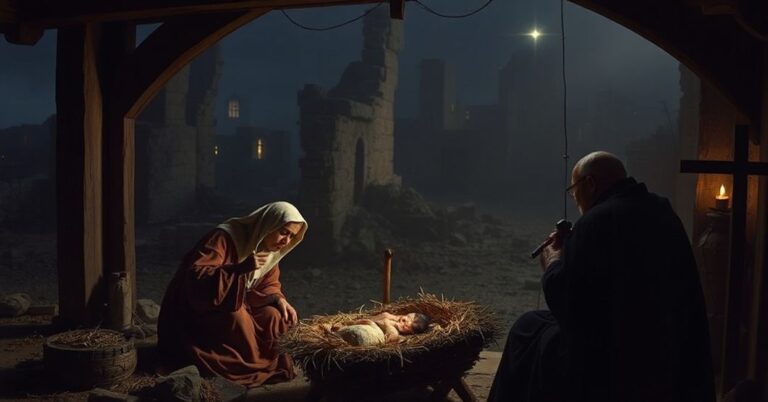 Scena Bożego Narodzenia w Betlejem z postacią Wojciecha Polaka wprowadzającą humanistyczne wartości zamiast Bożego Bóstwa