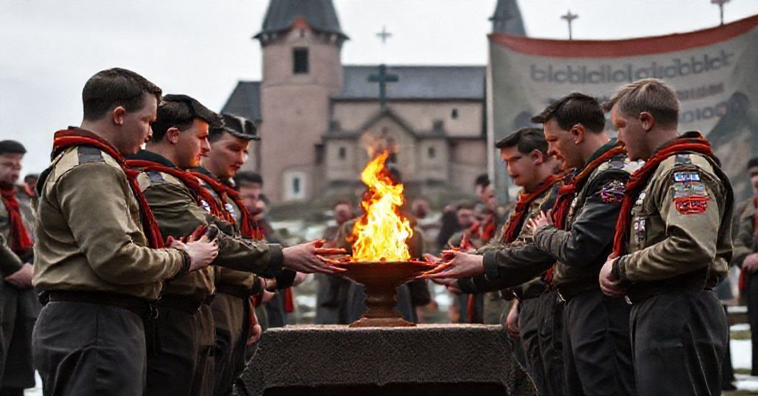 Uroczystość przekazania Betlejemskiego Płomienia Pokoju w Jasnej Górze w 2025 roku. Zuchy w mundurach harcerskich przekazują płomień bez widocznego Krzyża, z napisem 'Pielęgnuj dobro w sobie' na banerze.