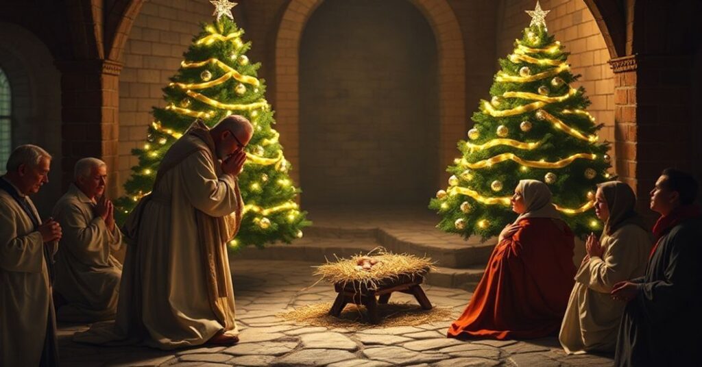 Tron tradycyjny katolicki scenę Bożego Narodzenia w Betlejem z kapłanem w starożytnych szatach modlącego się przed żłobkiem otoczonego modlącymi się wiernymi. Na tle znajduje się nowoczesna choinka z ozdobami symbolizująca synkretyzm.