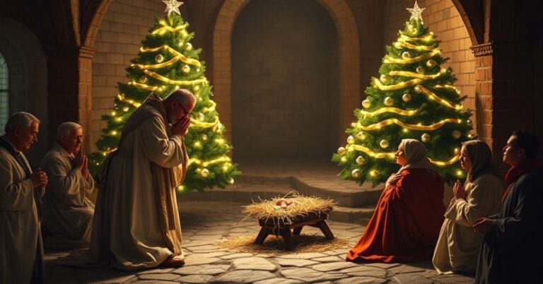 Tron tradycyjny katolicki scenę Bożego Narodzenia w Betlejem z kapłanem w starożytnych szatach modlącego się przed żłobkiem otoczonego modlącymi się wiernymi. Na tle znajduje się nowoczesna choinka z ozdobami symbolizująca synkretyzm.