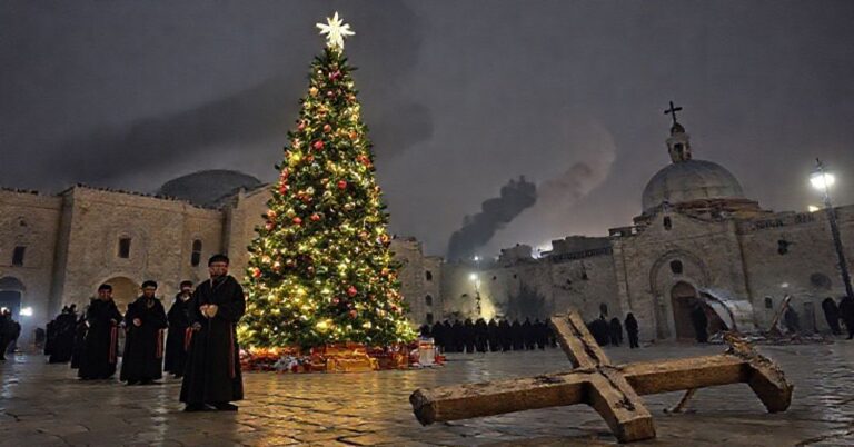Scena z Betlejem w Boże Narodzenie 2025: sztuczne choinkę przed kościołem przy zniszczonym krzyżu i dymem z eksplozji w tle.