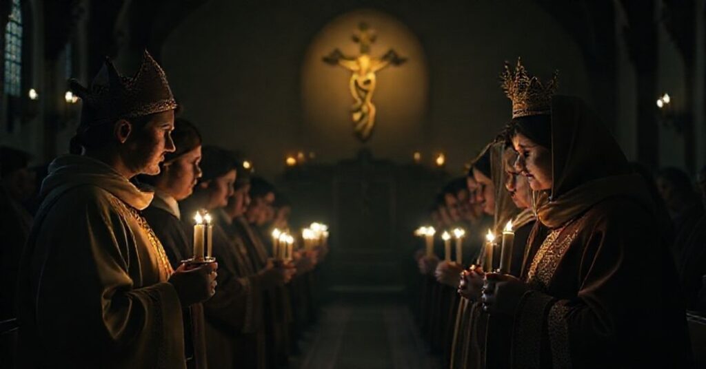 Harcerze trzymający symboliczne "światło pokoju" w tradycyjnym wnętrzu kościelnym bez nawiązania do Chrystusa Króla.