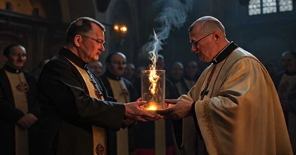 Obraz przedstawiający ceremonią wręczenia fałszywego Światła Pokoju Sekretariatowi KEP w 2025 roku.