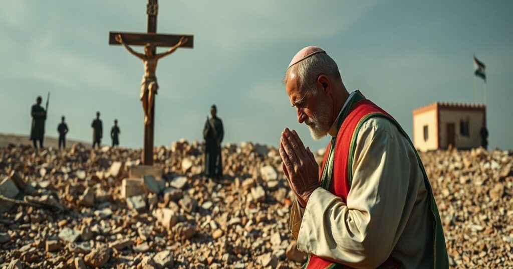 Książę kapłan w tradycyjnych szatach modli się przed krzyżem na tle zniszczonych szkół w Minab. Scena symbolizuje duchową kryzys bez Chrystusa Króla.
