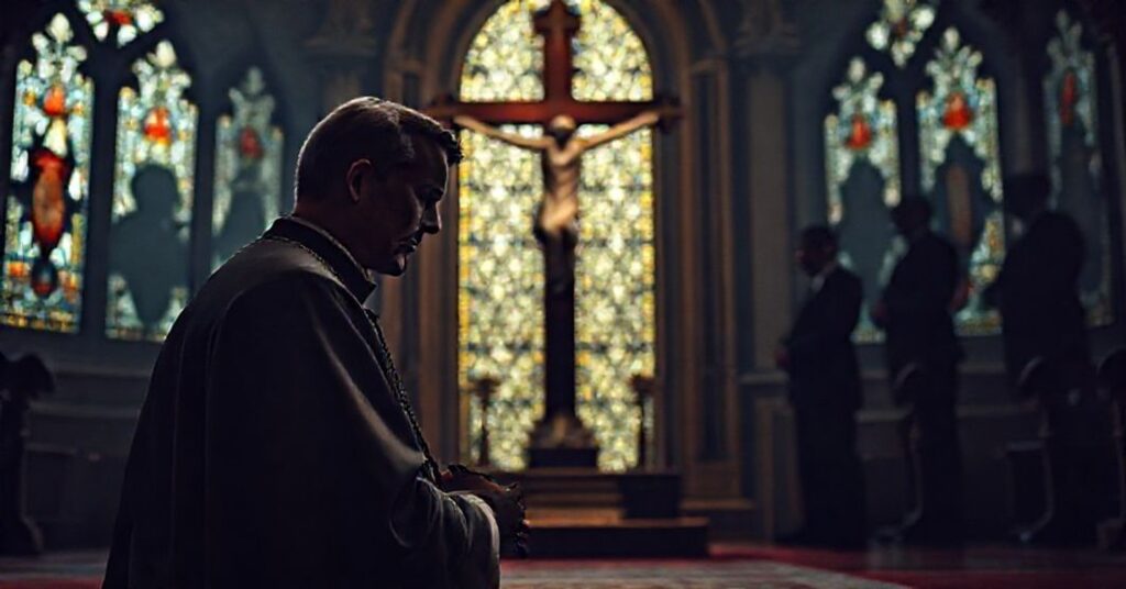 Kapelan modlący się przed krzyżem w tradycyjnym koście katolickim z widokiem na ukrytych polityków na tle.