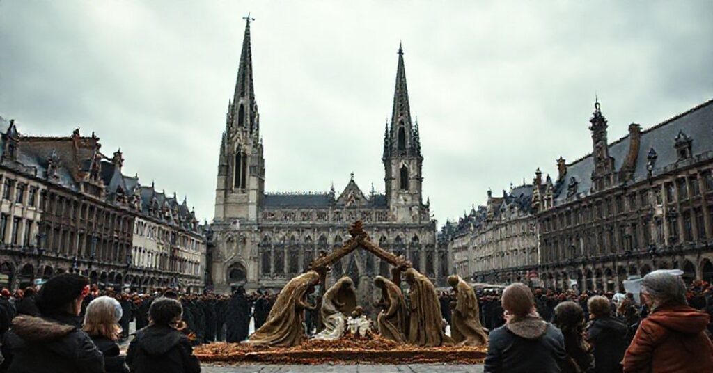 Kontrowersyjna bez twarzy szopka bożonarodzeniowa na Grand Place w Brukseli ze szarymi tkaninami zamiast tradycyjnych figurek. Gotyckie wieże katedry św. Michała i Guduli na tle.