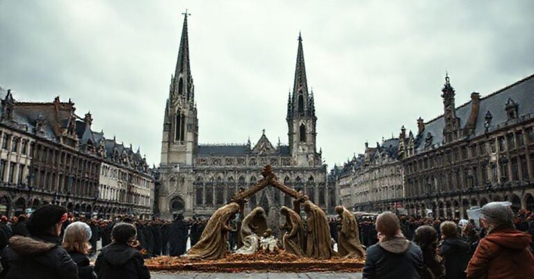 Kontrowersyjna bez twarzy szopka bożonarodzeniowa na Grand Place w Brukseli ze szarymi tkaninami zamiast tradycyjnych figurek. Gotyckie wieże katedry św. Michała i Guduli na tle.