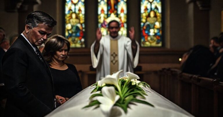 Scena pogrzebowa z rodzicami Samarii Bates-Sauls przed trumną w tradycyjnym kościele katolickim. Przedstawia godną pogrzebową tradycję i szacunek dla zmarłych.