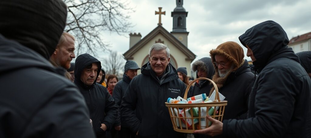 Grupa bezdomnych w Krakowie przed kapliczką z wolontariuszem z Dzieła Pomocy św. Ojca Pio