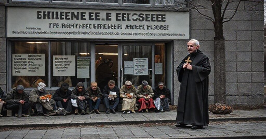 Scena w Kielcach przedstawiająca bezdomnych przed schroniskiem o modernistycznym stylu, bez duchowej opieki